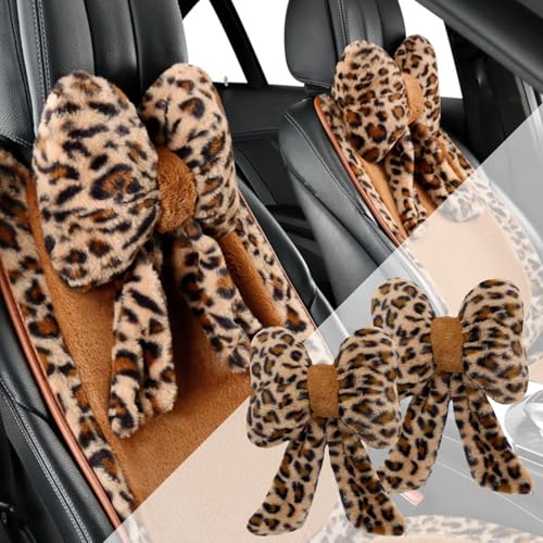 UINSUE Car Neck Pillow 2PCS Plush Bowknot Car Headrest Pillow – Comfortable Neck Support for Driving Soft Touch Fabric Car Pillow Cute Interior Decor (Leopard)