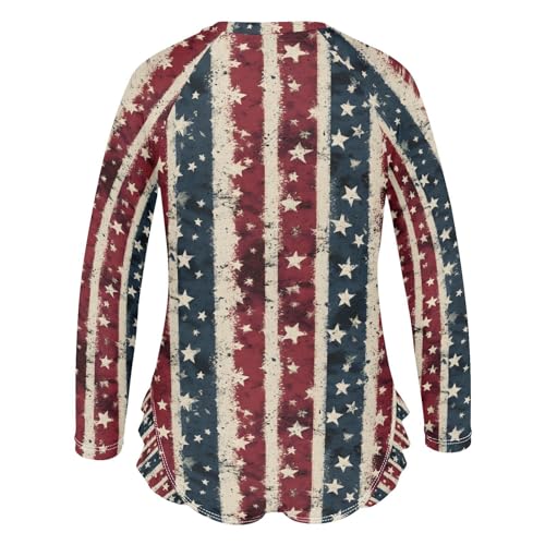 ALAZA Retro Striped Star American Flag Girls One Piece Swimsuit Long Sleeve Rashguard Swimsuit UV 50+ Swimwear Zip3