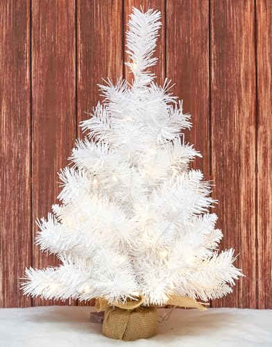 White Christmas Tree 2ft Prelit Battery Operated Timer Lighted Artificial Small Mini Xmas Pine Trees Decorations Tabletop Centerpiece Mantel Home Decor