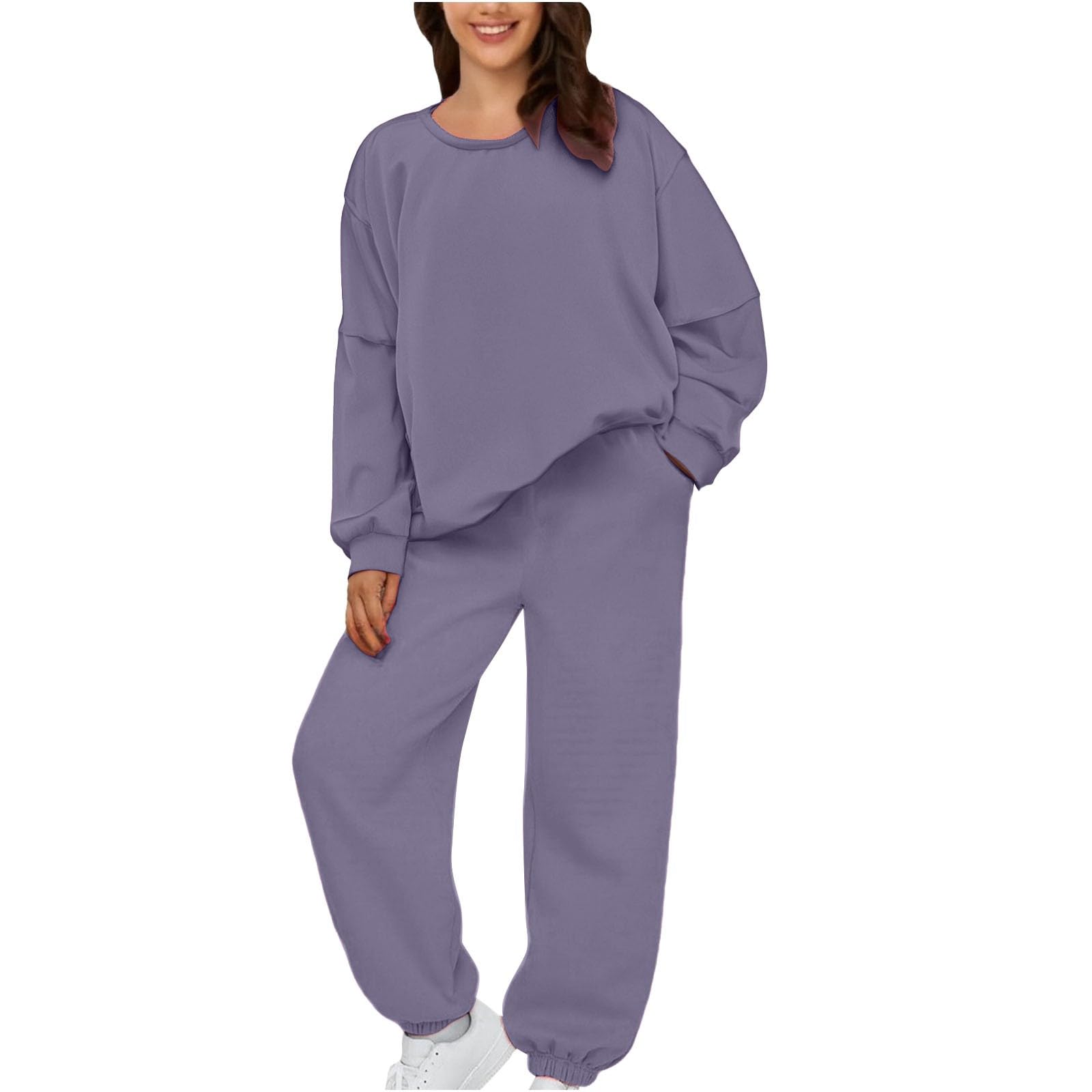 hausanzug damen,damen hausanzug 2-teilig winter, lässiges, einfarbiges, rundhalsausschnittlanges Oberteil mit vielseitigen Hosen und zweiteiligem sets Kleidung Elegant*