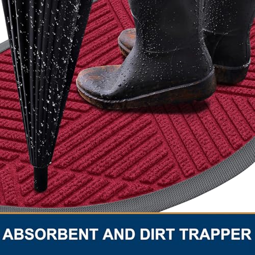 Image of Smiry Half Circle Front Door Mat Outside Entrance, Heavy Duty Sturdy Natural Rubber Doormat, Trap Dirt and Moisture, Low Profile Mats for Indoor Outdoor Entry, Irregular Triangle (29.5x17, Wine Red)