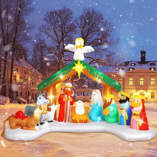 Elegear 12FT Christmas Inflatables Nativity Scene Outdoor Decorations, Giant Christmas Blow Ups Inflatables with Built-in LED Lights & Manger Scene, Large Nativity Set Outdoor for Yard Lawn Xmas Decor
