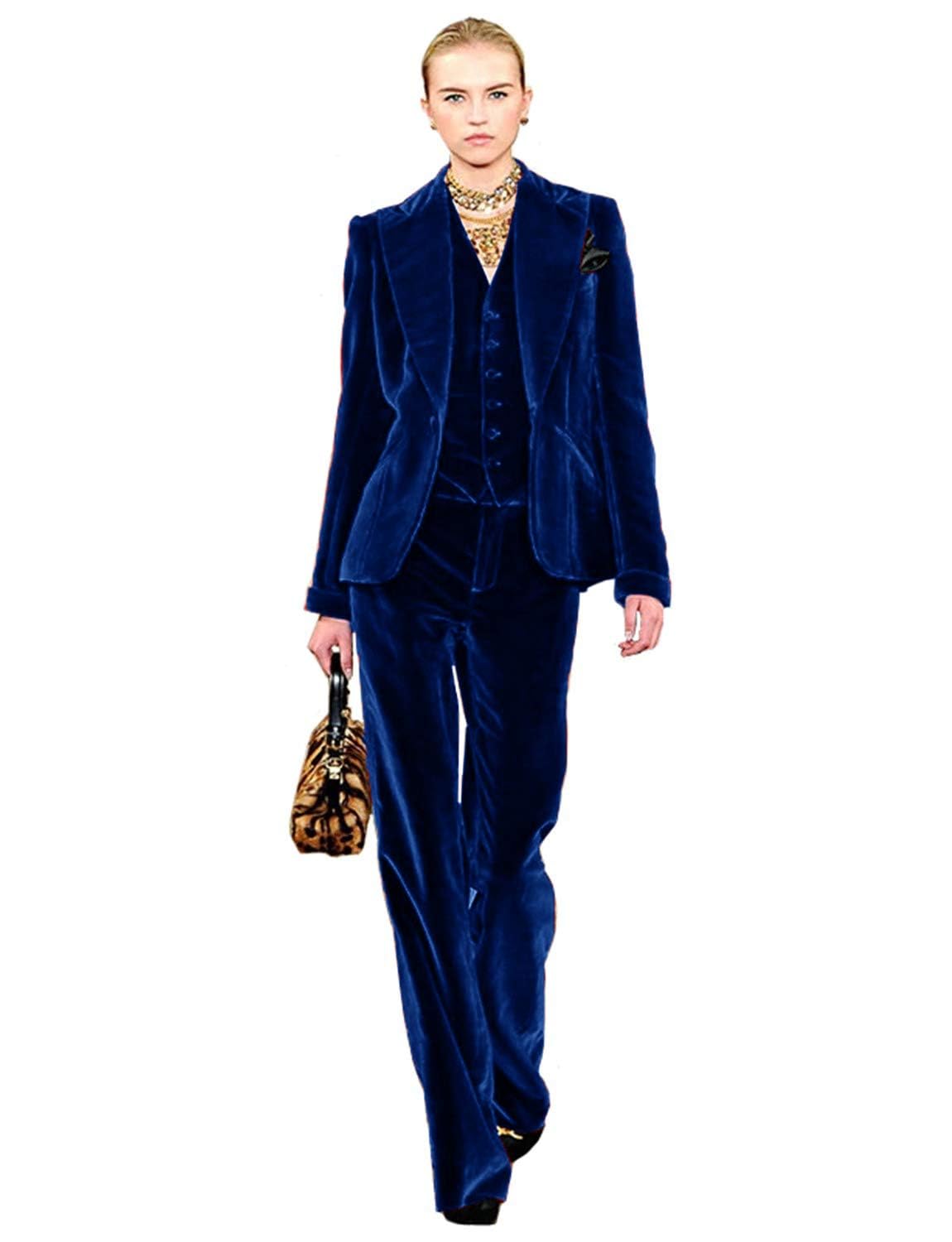 Womens Three Pieces Velvet Suit Single Breasted Button Jacket V-Neck Vest and Pants for Banquet Christmas