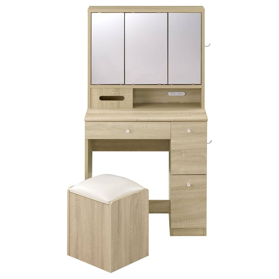 Amazon｜ぼん家具 化粧台 ドレッサー 三面鏡 コンセント付き 幅70.2
