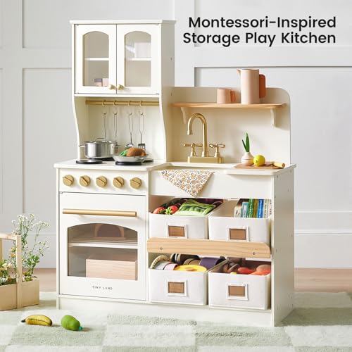 Image of Tiny Land Wooden Play Kitchen for Kids with Toy Storage for Pretend Play