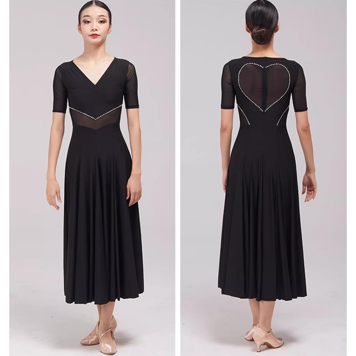 purpleq Vestido de Baile de salón para Mujer con Escote en V, Manga Corta, Malla combinada, Moderno, para vals y Flamenco, Ropa para Baile de graduación y Fiestas