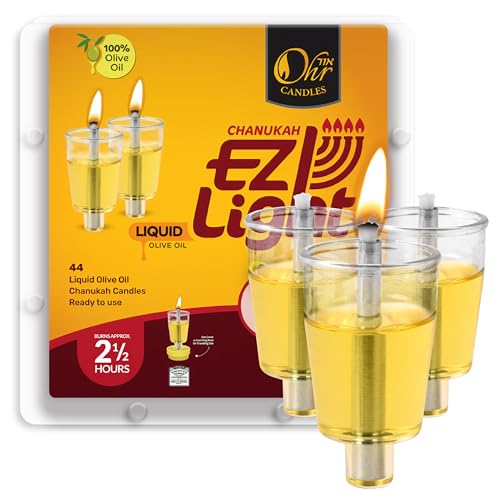 OHR CANDLES Pre - Filled Menorah Oil Cup Candles Hanukkah EZ Lights 100% Olive Oil with Cotton Wick in Cup (Pack of 44) - Burns Approx 2 1/2 Hrs