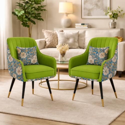 Image of Velvet Chair with Pillow for Home | Modern Accent Armchair in Soft Velvet Fabric with Golden Legs | Premium Accent Chair for Living Room Bedroom Restaurent | (Parrot Green, Standard Floral)