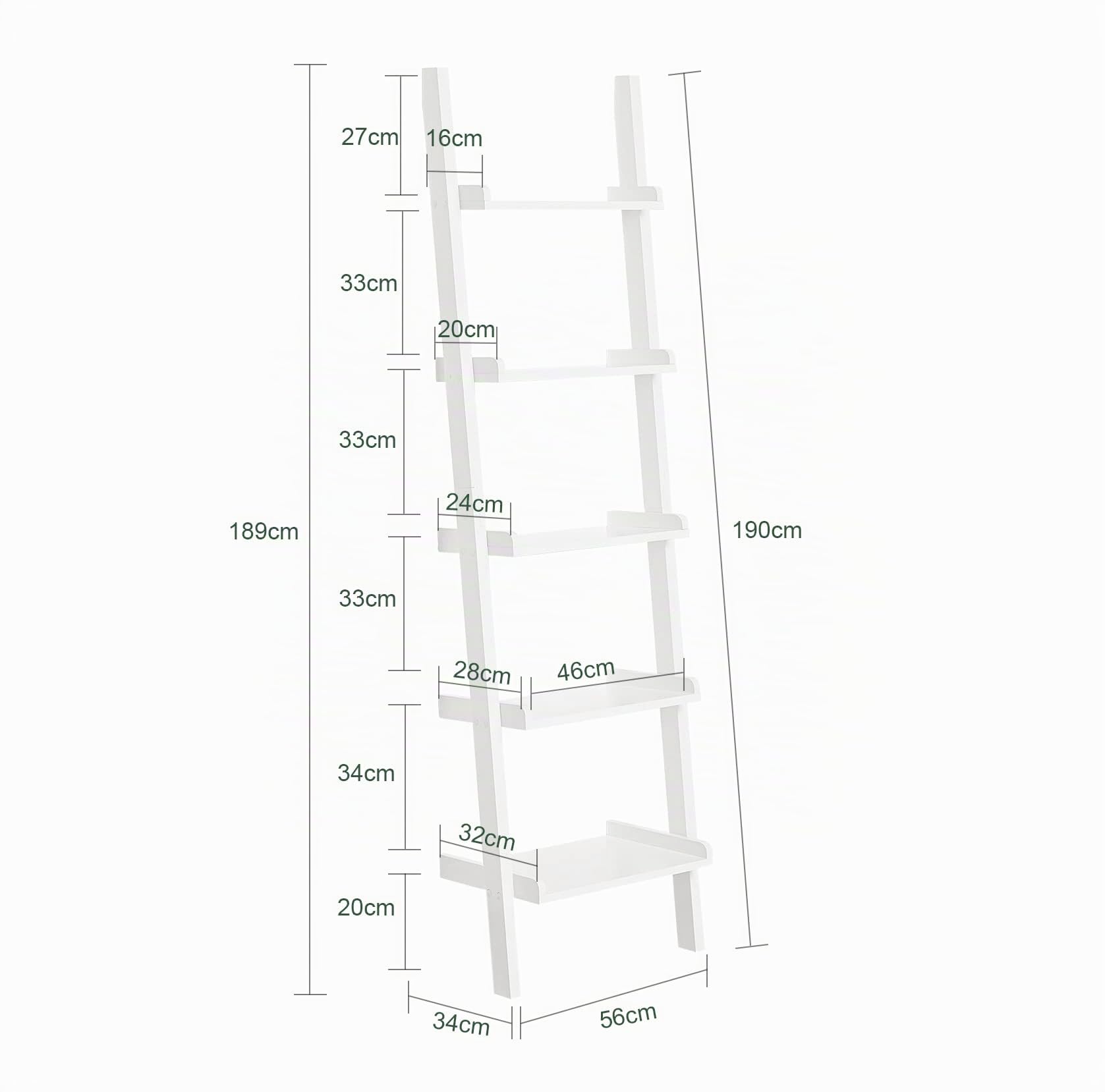 SoBuy Estantería Escalera 5 Estantes Soporta hasta 5kg/Estante 56x32x189cm | librería de pared en MDF blanco, diseño moderno, para salón u oficina FRG17-W