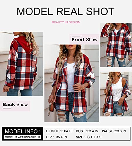 SHEWIN Womens Long Sleeve Button Down Plaid Shirts Flannel Hooded Shacket Jacket Hoodie Coats4