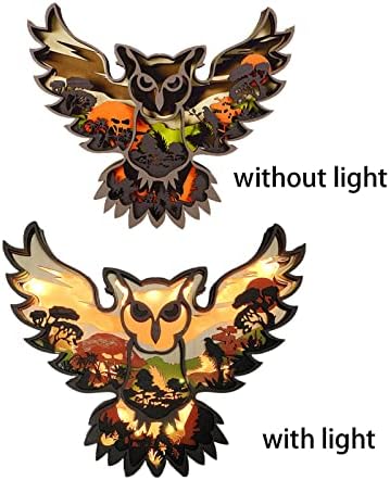 Lazyspace 3D Wooden Creative Forest Animal Decor,Wooden Owl Desktop Ornament with Light,Multi-Layer Carved Craft Handmade Wooden Silhouette Owl Animal Decor for Table