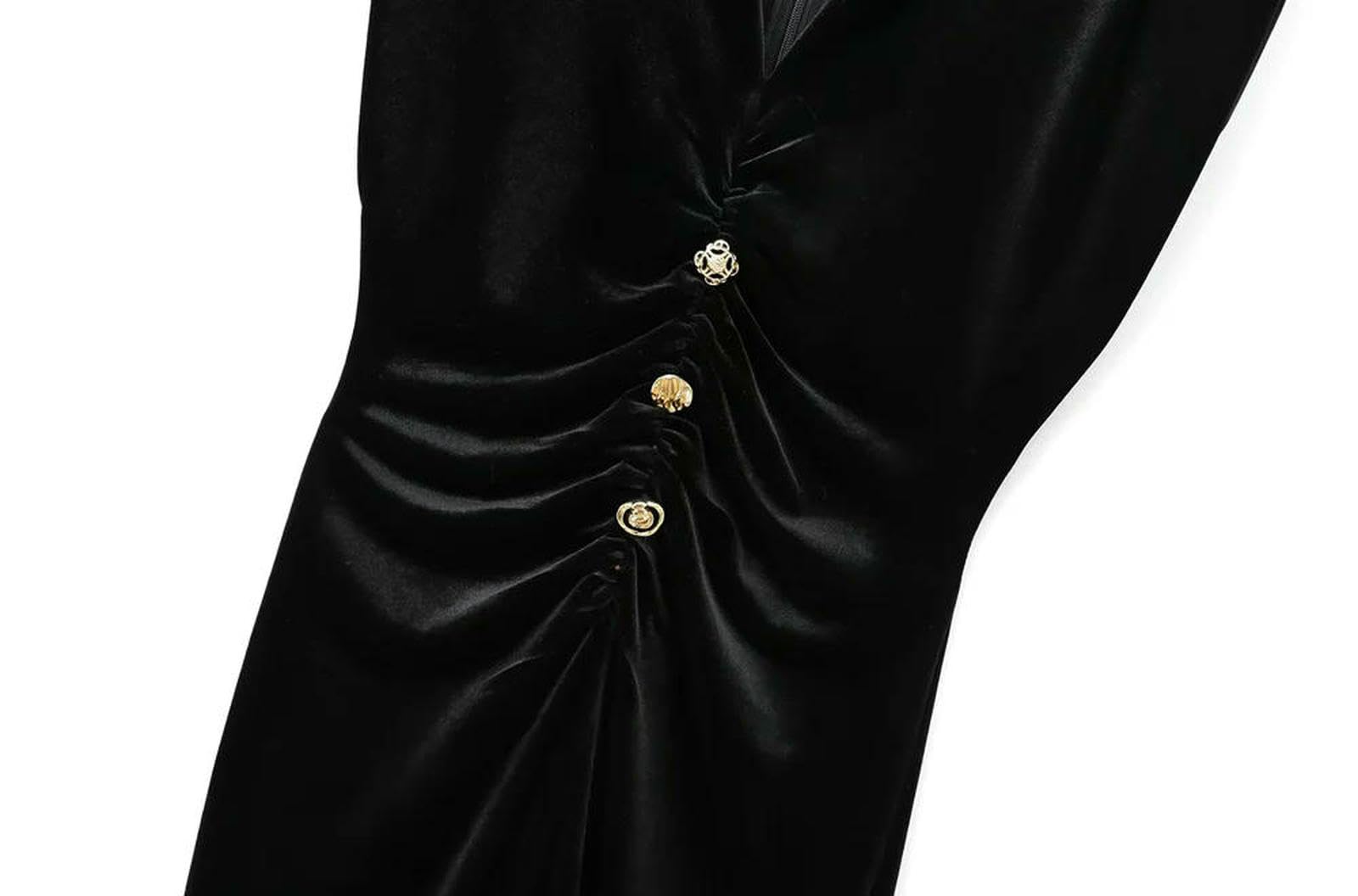 Vestito Donna Abito Midi Velluto Drappeggiato da Donna con Bottoni, Collo A V, Maniche, Abiti Femminili, Moda Chic-Nero-XS