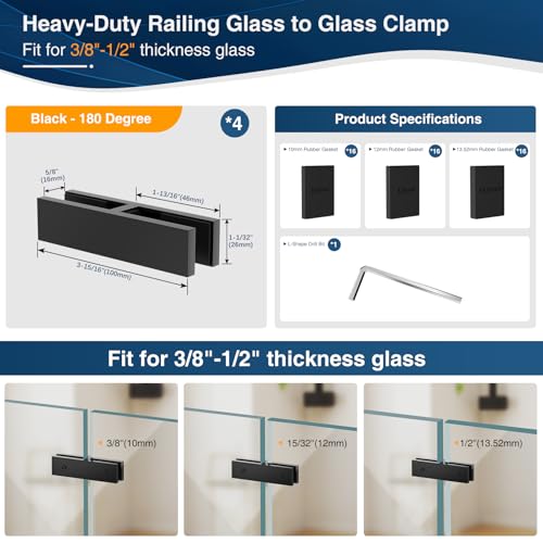 Image of 4 Pack Black Railing Glass to Glass Clamp, 180 Degrees Double Sided Clip Fit for 3 /8 inch-1 /2 inch(10mm-13mm) Thinkness Balustrade, SST304 Railing Holder for Fence, Balcony Deck, Indoor & Outdoor