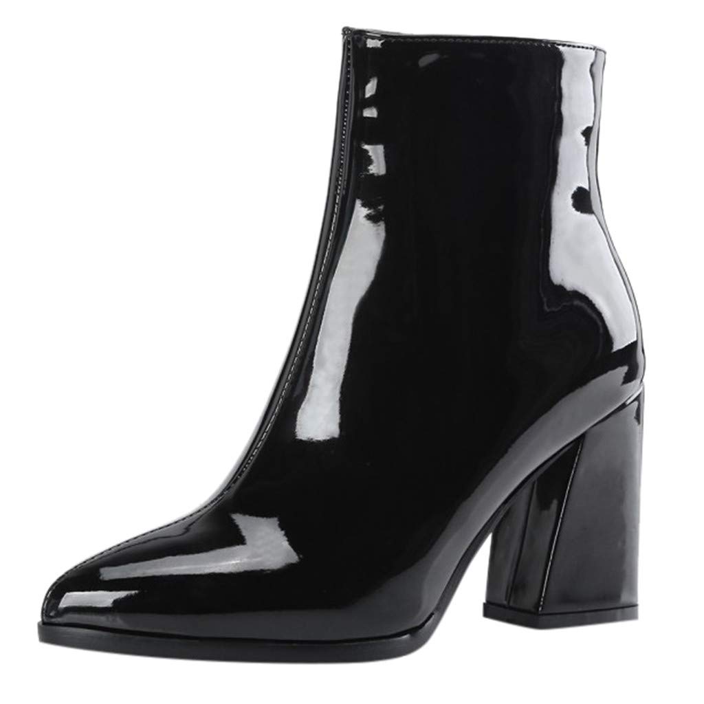 Biker-Stiefel für Damen, britische Damen-Schwarze Plateaustiefel, Kampfstiefel, Spitze Zehenpartie, Lackleder-Stiefeletten, Slip-on-Block-Bikerstiefel, einfarbige Business-Arbeitsstiefel, Elegante