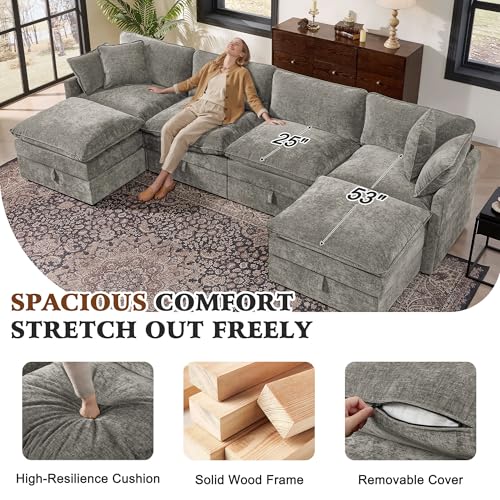 Image of Ihanherry 135 inch Modular Sectional Sofa with Storage, U Shaped Cloud Couch with Movable Ottomans & 4 Pillows, Chenille Deep Seat Sectional Couches for Living Room, Apartment (Grey)