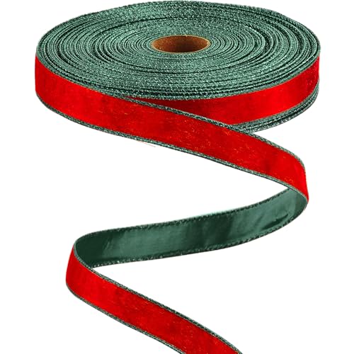 Yungyan Velvet Ribbon Gold Edge, 1 Inch X 60 Yards, Red Green