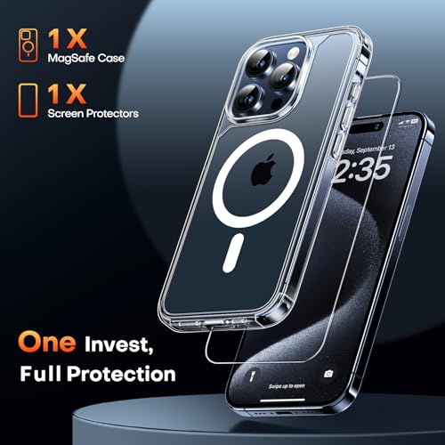 Image of TAURI for iPhone 15 Pro Case, Compatible with MagSafe, Clear | with Screen Protector, Not-Yellowing Military-Grade Protection, Shockproof Slim Magnetic Case for iPhone 15 Pro
