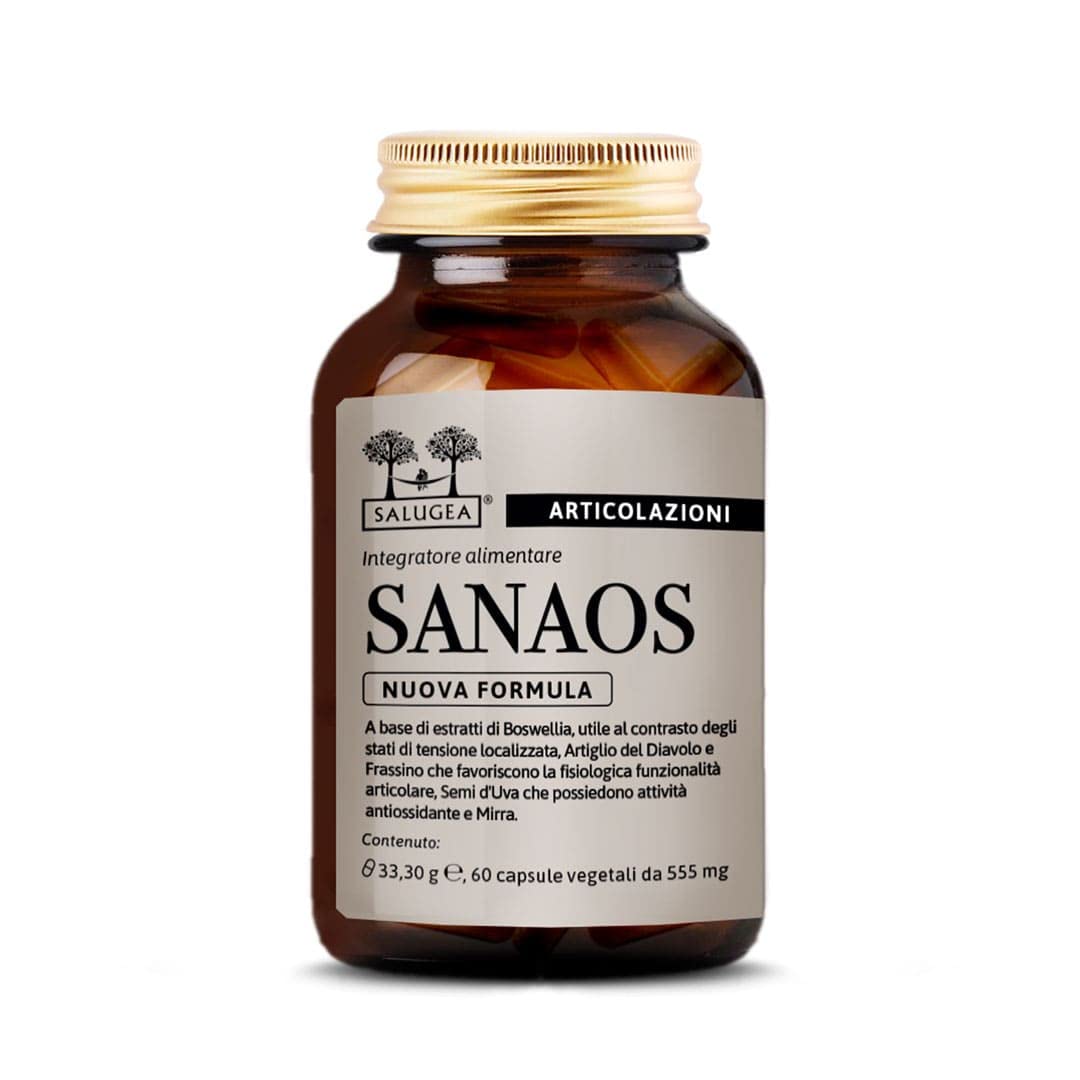 Sanaos Salugea, Integratore naturale per articolazioni, tendini e legamenti. Con Boswellia, Artiglio del Diavolo, Frassino, Mirra e Semi d'Uva. 60 capsule, in Vetro Scuro