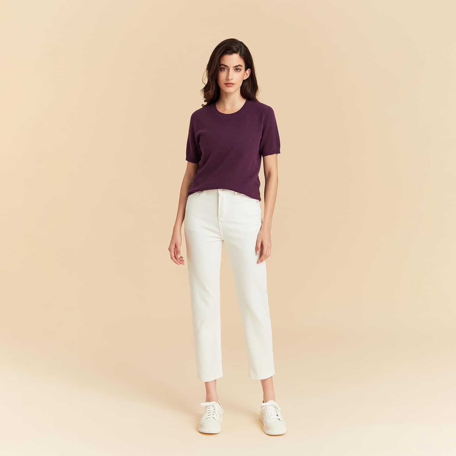 GreenMount Women's Cashmere Merino Wool Crew Neck Jacquard T-Shirt Pullover Short Sleeve Tee - Image 4