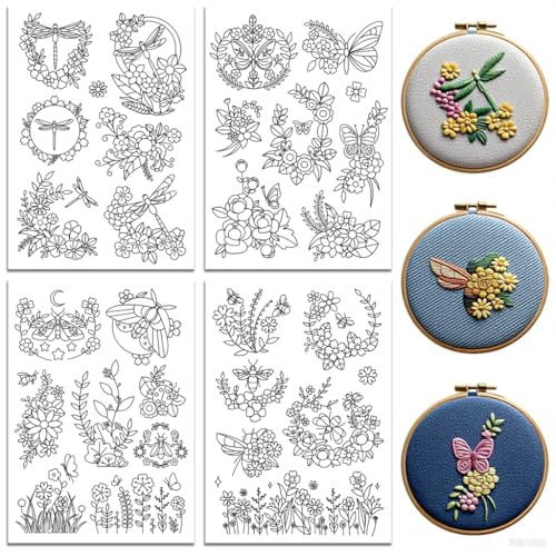 Peacoblue Modèles de broderie autocollants solubles dans l'eau 4 feuilles avec 33 motifs, film de broderie soluble (Fiori e farfalle)