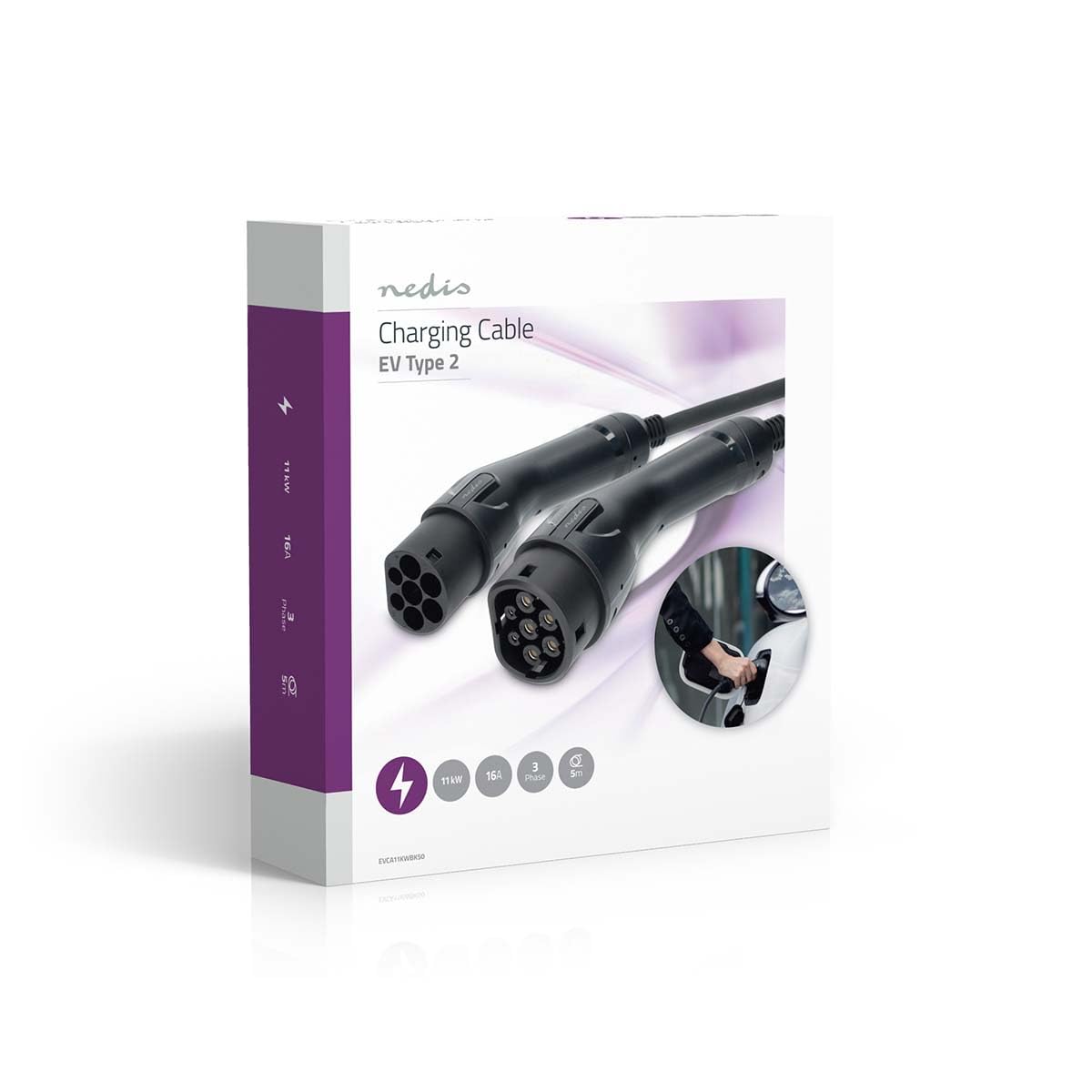 NEDIS Câble pour véhicule électrique - Cable Type 2-16 A - 11000 W - 3 phases - 5 m - Noir - Emballage en carton