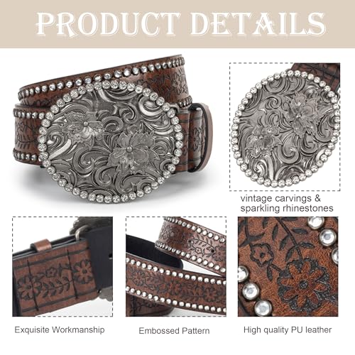 Rhinestone Western Cowboy Belts for Women, PU-Leather Brown Floral Embossed Vintage Carved Cowgirl Belt 33-37" for Jeans3