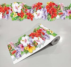 WallDesign Orchid Hibiscus Flowers with Butterflies Print Design & Contour Cut Wallpaper Border Sticker for Stylish Wall, Ceiling, Floor Skirting Decoration - 5.25 Inch Width x 5 Feet Length