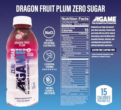 A-GAME Zero Sugar Sports Drink, Dragon Fruit Plum Zero Sugar, The Ultimate Sugar Free Hydration Sports Beverage, 8 Essential Vitamins including B, C, & E plus Sea Salt Electrolytes, All Natural Flavors, Gluten Free & Keto Friendly, 16.9 Fl Oz (Pack of 12)