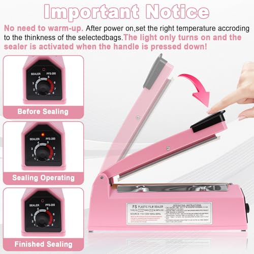 Image of 8 Inch Impulse Sealer, Manual Heat Sealer Machine for Mylar Bags, Shrink Wrap Bag Sealers Sealing Machine for Plastic PE PP Bags with 3 Free Replacements Kit Element Grip, Pink