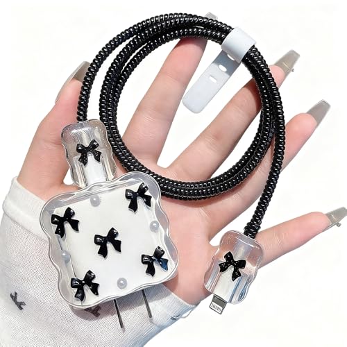 Cute Charger Protector Compatible with iPhone 18W/20W Charger Adapter, Clear Lovely Bow Knot Design Soft Charger Protector Cute Cable Case Saver Protector for Girls Women-Bow Black