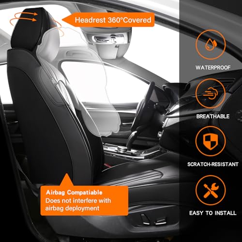Image of MINGBRON Car Seat Cover Full Set, Leather Car Seat Cover, Waterproof Seat Covers, Car Seat Cushion, Nappa Leather Seat Covers Car Seat Protector Universal Fit Most Cars Black