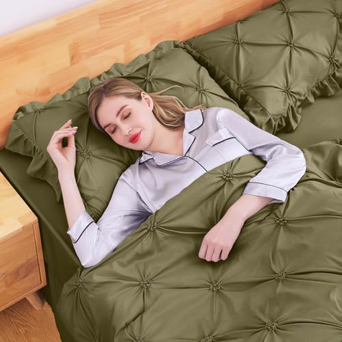 JOLLYVOGUE Olive Green Cal King Size Comforter Sets 7 Pieces, Pintuck Bed in a Bag Comforter Set for Bedroom, Bedding Comforter Sets with Comforter, Sheets, Ruffled Shams & Pillowcases