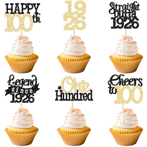 Gyufise 24Pcs Happy 100th Birthday Cupcake Toppers 100 Legend Since 1926 Cupcake Picks Cheers to 100 Years Cake Decorations for 100th Birthday Anniversary Party Supplies Black Gold