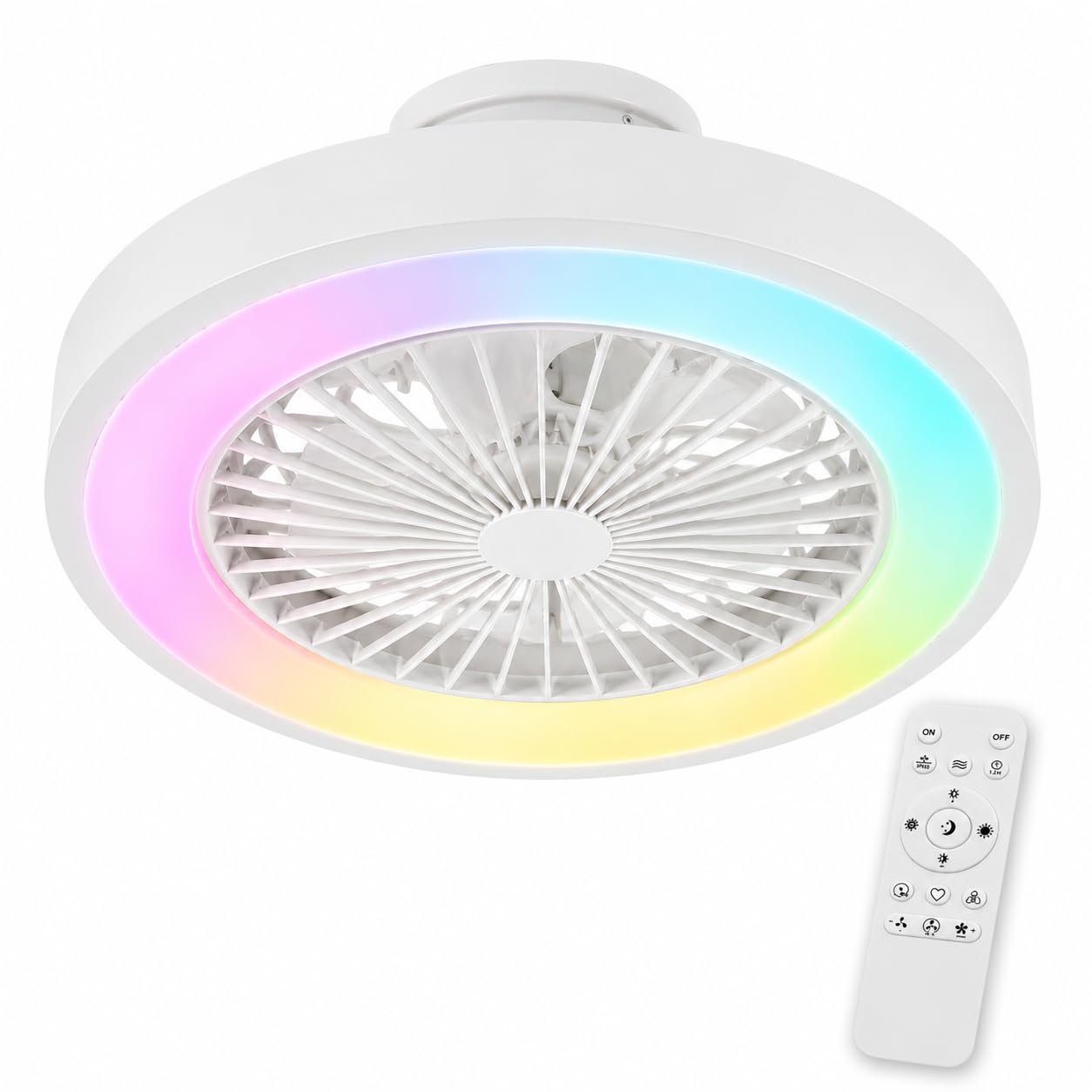 Ventilador de Techo con Luz RGB, Silencioso DC, Mando a Distancia, Lámpara Ventilador Pequeña sin Aspas, 6 Velocidades, Timer, Modo Verano/Invierno, LED 40W Regulable, para Infantil, Dormitorio