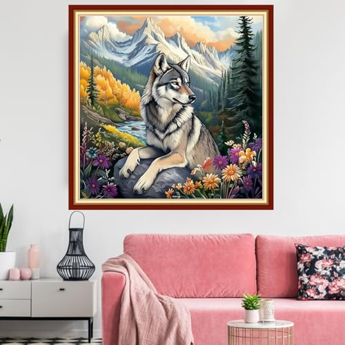 Image of Redxing Stamped Cross Stitch Kits Embroidery kit for Beginners Adults Full Range of Embroidery Patterns Starter Kits DIY Printed Cross Stitch Kits Needlepoint Kits 11CT-Wolf MountainRivers 18x18 inchs
