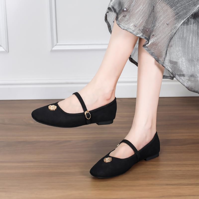 Closed Square Toe Flat Mary Jane Shoes for Women Daily Dress Faux Suede Flats with Gold Flower Womens Casual Soft Walking Office Slip On Ballerina Shoes4