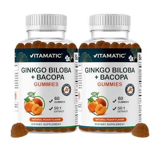 Vitamatic Ginkgo Biloba & Bacopa Gummies Plant-Based Botanical Extract Natural Peach Flavor Vegan Non-GMO Gluten-Free Herbal Supplement 60 Count - 2 Pack (120 Count)