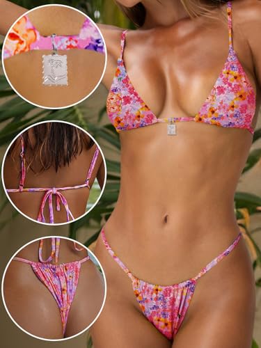 Image of OWICA Women's Sexy Triangle Bikini Sets Cheeky Thong Swimsuit Adjustable Spaghetti Straps Bathing Suit
