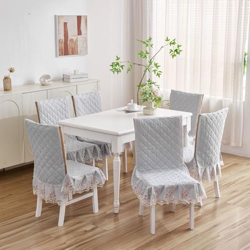 Image of HOMETHREADS Vintage Dining Chair Protector Cover, Quilted Cotton with Lace Frills, Easy Slip-On Design, Protects Seat & Backrest While Keeping Chair Visible, Washable & Reusable, Grey (Pack of 4)