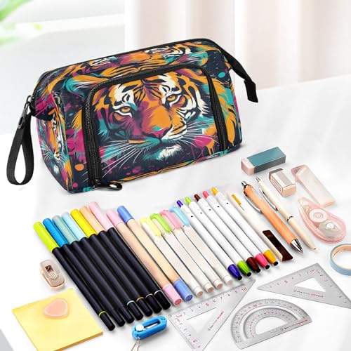 Image of Tigers Colorful Pencil Case Pouch Big Capacity Pencil Bag Box Organizer Pen Case with Handle Stationery Organizer for Girls Boys Adults Women School Office