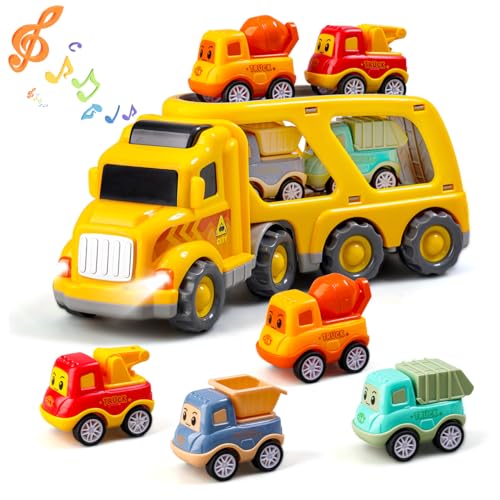 Daioller Jouets de Construction 5-en-1 pour Enfants de 1 2 3 4 Ans, Jeu de véhicules pour Enfants avec Son et lumière, 1 Camion Porteur avec 4 Mini-Voitures de Dessin animé à Tirer