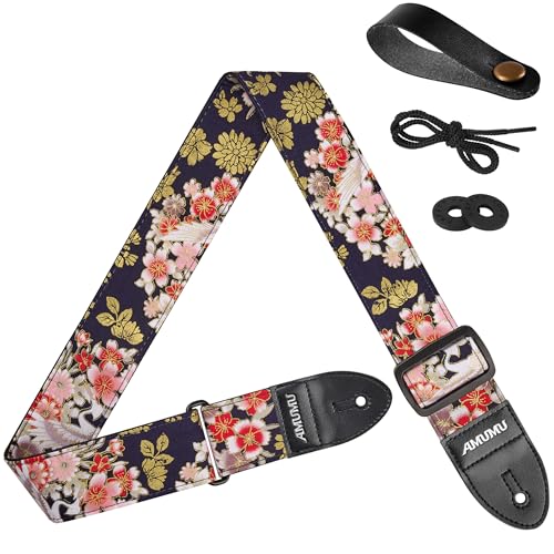 [Amumu] Peony Crane Guitar Strap M^[Xgbv ? 5cmOƒ߂̘aA}CNt@Co[U[GhtAAR[XeBbN^GL^x[XΉA\i92`160cmj