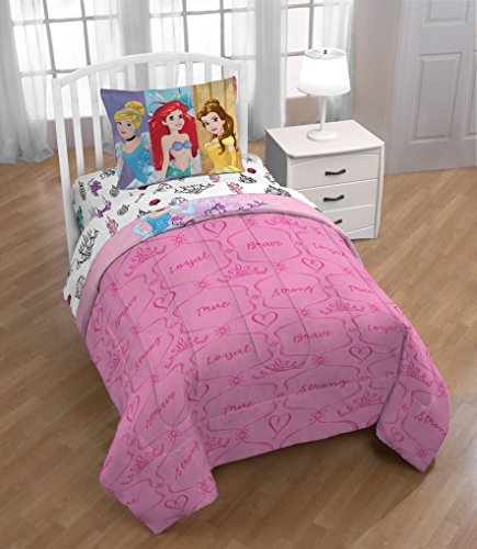 Image of Disney Princess Twin Comforter Set 5 Piece Kids Bedding for Girls, Pink | Cinderella Rapunzel Belle, Bed in a Bag, Comforter Sheets Sham Pillowcase, Soft Microfiber, Machine Washable, Girls Gift