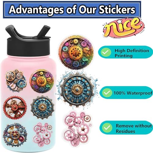50pcs Transparent Gear Stickers,Vintage Gear Wheel Sticker Waterproof PET Stickers for Scrapbook Journaling Photo Album Collage Card Colorful Sticker for Teens and Adults