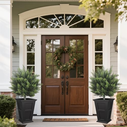 Artificial Topiary Cedar Tree 28 inch Faux Little Bush Cedar Tree UV Resistant Shrub Potted Artificial Plant for Outdoor Indoor Front Porch Garden (2 Pack)