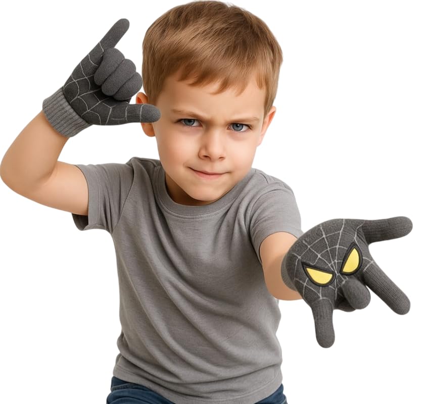VINSON Kids Riding Gloves, Red Hero Cartoon Print Outdoor Thermal Anti-Slip Palm Design, for (7-8 Years) (Grey) - Image 2 thumbnail