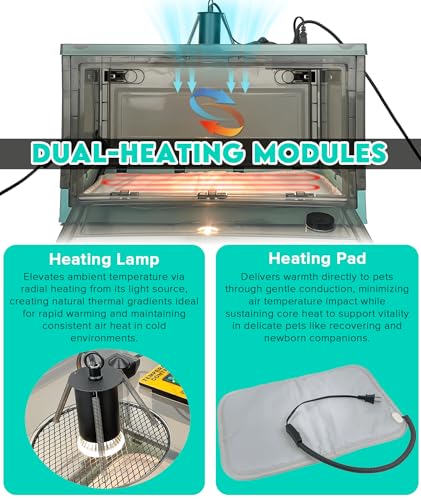 Image of Puppy Incubator with Temperature Control & Ventilation Fan, Dual-Heating Modules (Pad+Lamp) and Oxygen Tube, Incubator for Puppy /Kitten | Brooder for Dogs, Chicks, Birds & Newborn Critters (55L)