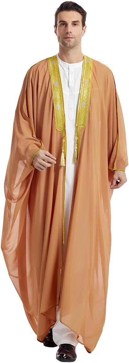 FYMNSI Men's Robe Muslim Clothes Kimono Loose Abaya Dresses Long Sleeve Embroidered Chiffon Kaftan Casual Formal Dubai Thobe