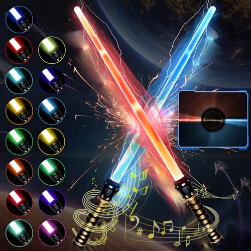 GUBOOM Espada Láser para Crianças, 2 Peças Sabre de Luz, 15 Cores Som de Combate Simulado, Sabre de Luz 2 em 1, Sabre de Luz Brinquedo, Sabre de Luz com Som para Aniversário e Cosplay para Crianças