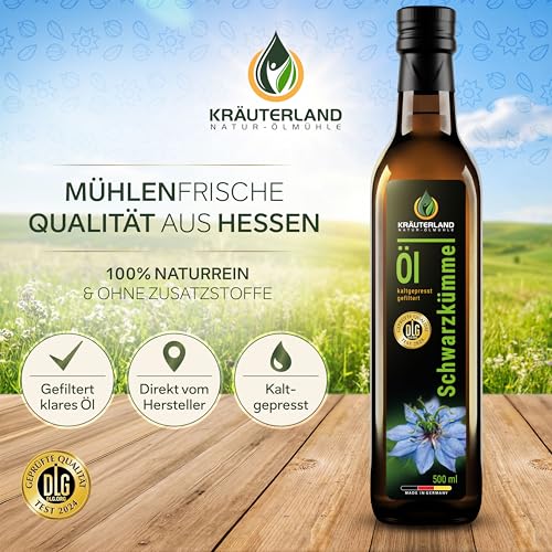 Kräuterland Schwarzkümmelöl 2X500ml (1Liter), gefiltert, naturrein ohne Zusatzstoffe, hoher Thymochinon, kaltgepresst, vegan, mild, glasflasche, mühlenfrisch direkt aus unsrer hessischen Ölmühle